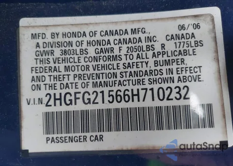 2006 Honda Civic Si z USA, uszkodzony, nr VIN 2HGFG21566H710232